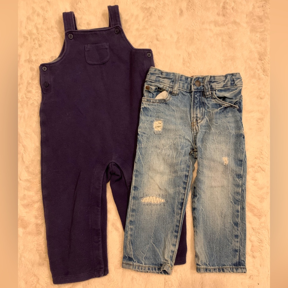 Janie and Jack navy knit overalls and GAP denim